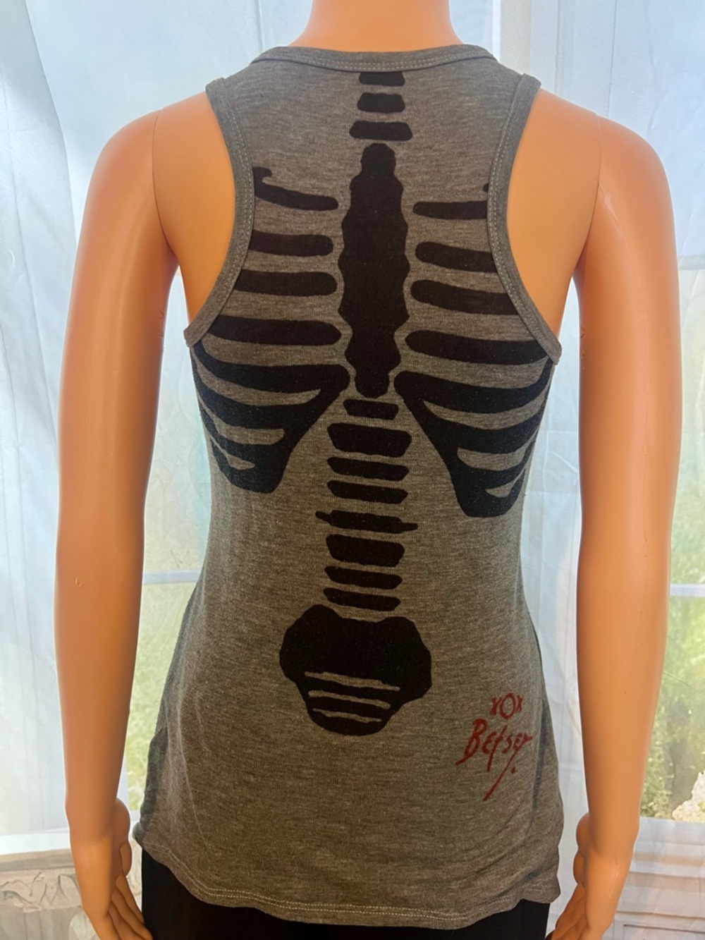 Betsey Johnson Gray Tank Top with Black Skeleton and Red Heart - Picture 2 of 4